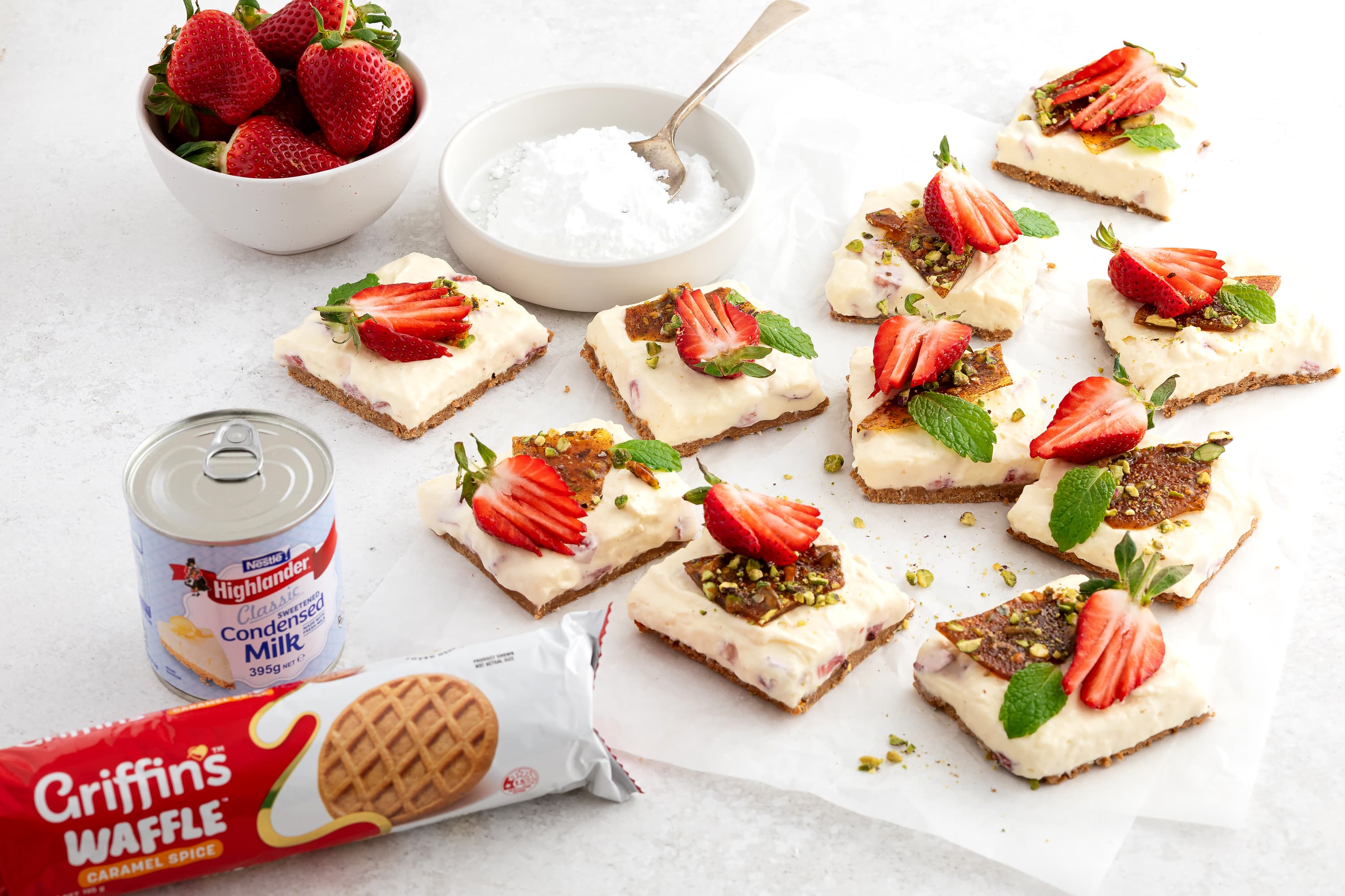 GRIFFINS No bake strawberry pistachio cheesecake bars landscape